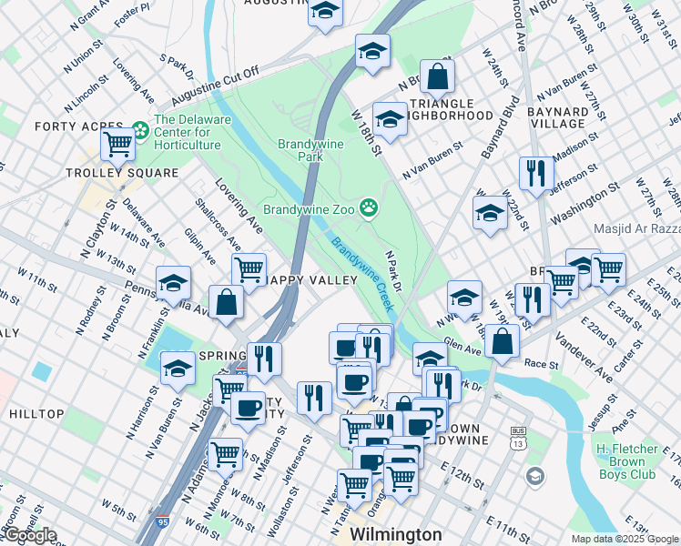map of restaurants, bars, coffee shops, grocery stores, and more near South Park Drive in Wilmington