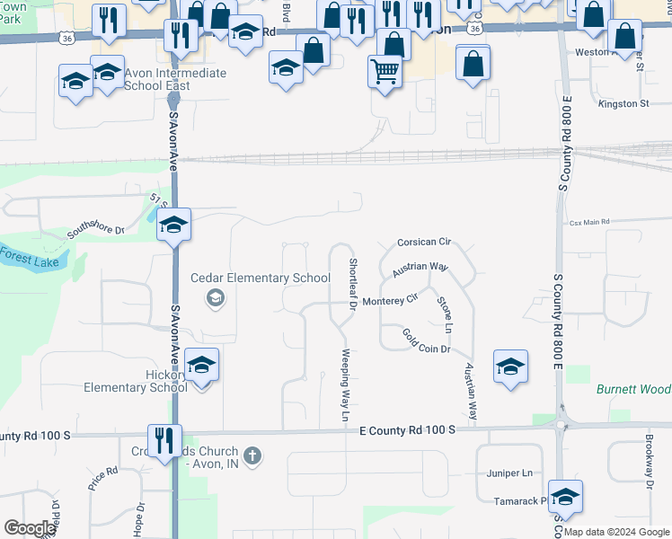 map of restaurants, bars, coffee shops, grocery stores, and more near 621 Weeping Way Lane in Avon