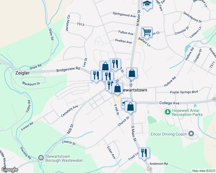 map of restaurants, bars, coffee shops, grocery stores, and more near Stewartstown Railroad in Stewartstown