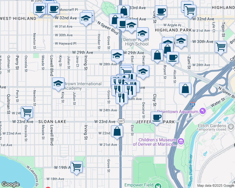 map of restaurants, bars, coffee shops, grocery stores, and more near 2527 Federal Boulevard in Denver