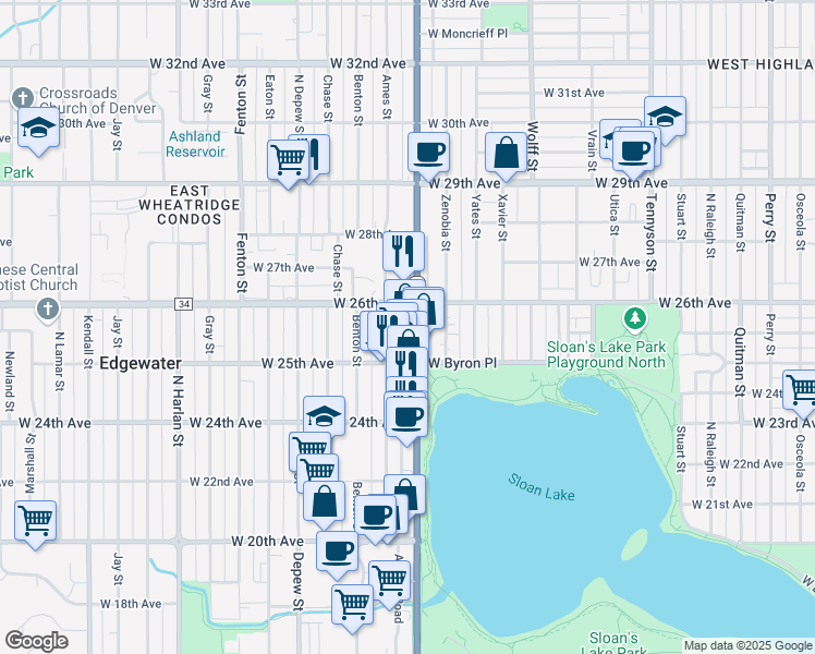 map of restaurants, bars, coffee shops, grocery stores, and more near 5254 West 26th Avenue in Denver