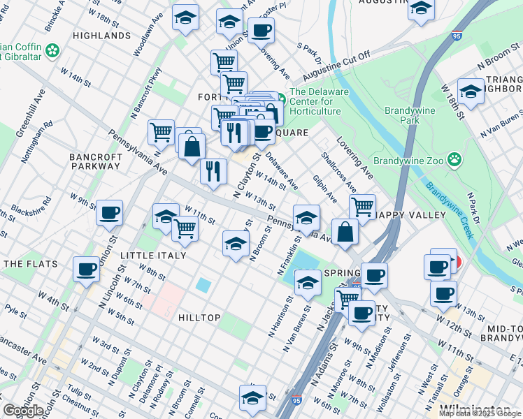 map of restaurants, bars, coffee shops, grocery stores, and more near 1401 Pennsylvania Avenue in Wilmington