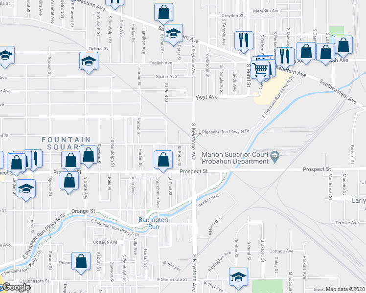 map of restaurants, bars, coffee shops, grocery stores, and more near 1001 Saint Peter Street in Indianapolis