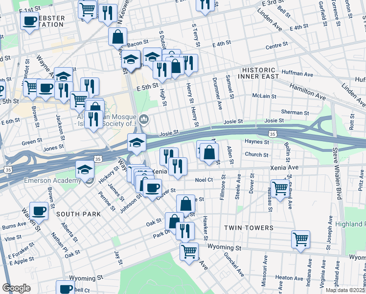 map of restaurants, bars, coffee shops, grocery stores, and more near 524 Corwin Street in Dayton