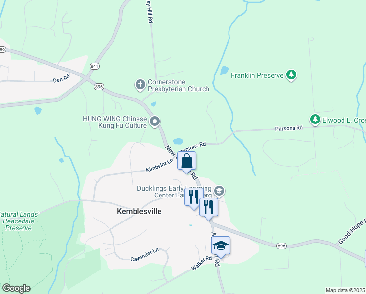 map of restaurants, bars, coffee shops, grocery stores, and more near 7 Parsons Road in Landenberg