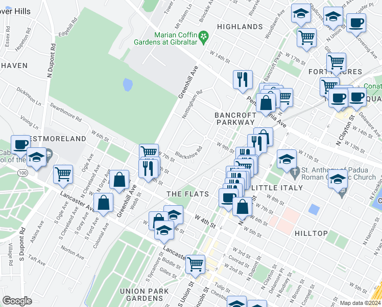 map of restaurants, bars, coffee shops, grocery stores, and more near 717 Blackshire Road in Wilmington