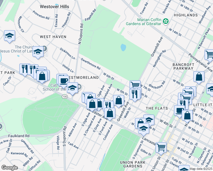 map of restaurants, bars, coffee shops, grocery stores, and more near 3002 West 5th Street in Wilmington