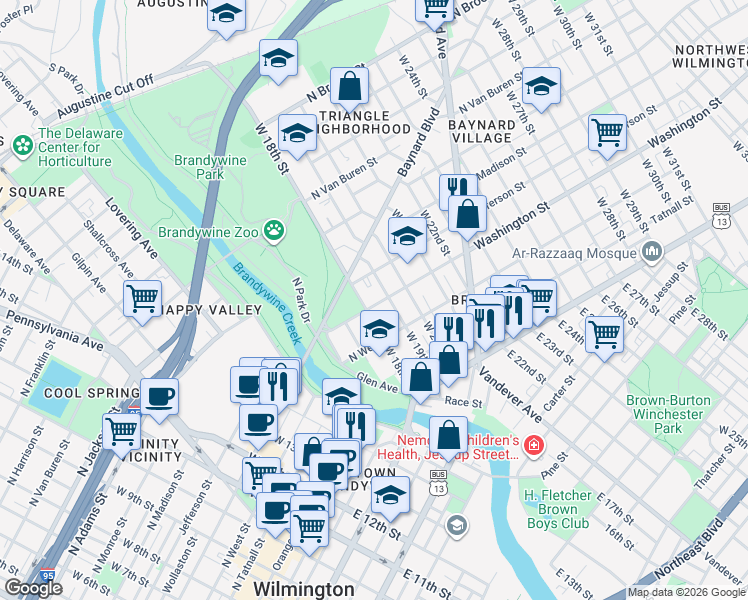 map of restaurants, bars, coffee shops, grocery stores, and more near 1801 N Washington St in Wilmington