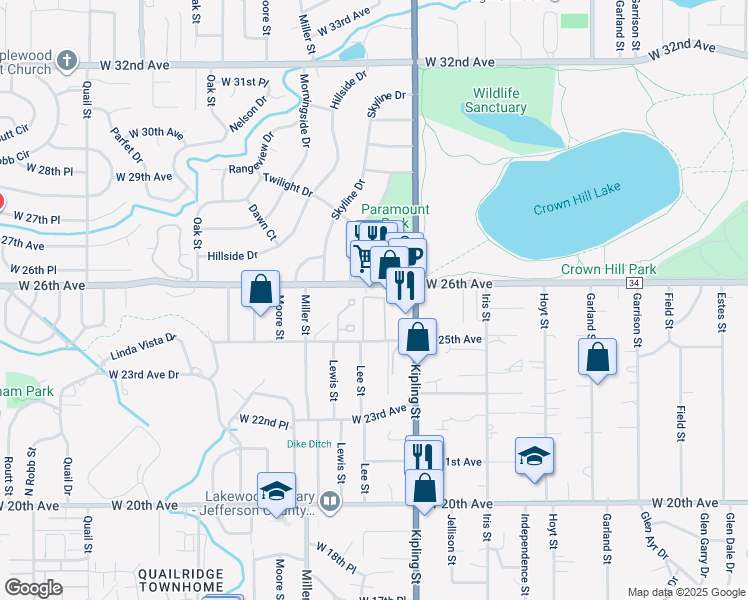 map of restaurants, bars, coffee shops, grocery stores, and more near 10165 West 25th Avenue in Lakewood