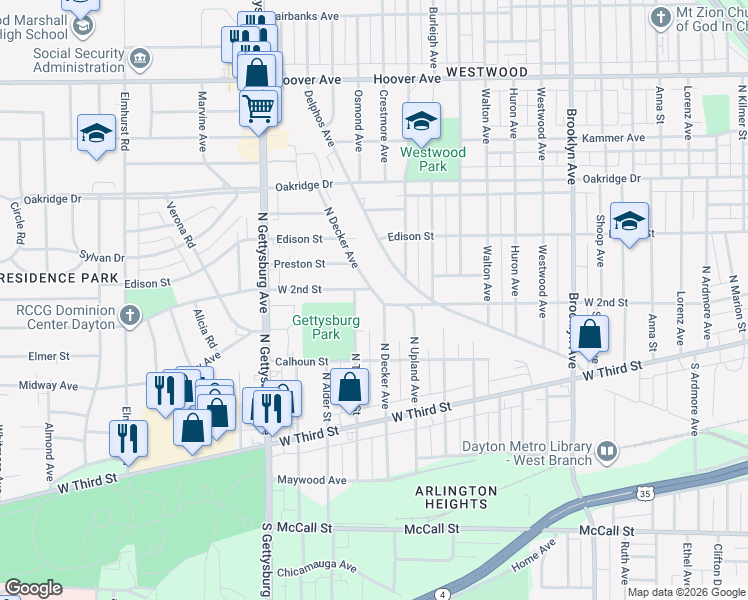 map of restaurants, bars, coffee shops, grocery stores, and more near 3508 West 2nd Street in Dayton