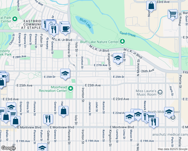 map of restaurants, bars, coffee shops, grocery stores, and more near 2555 Joliet Street in Aurora