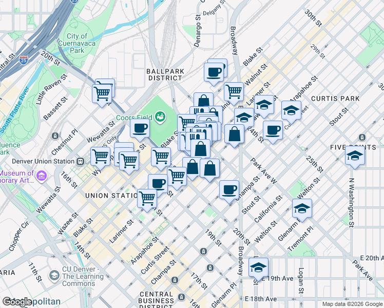 map of restaurants, bars, coffee shops, grocery stores, and more near 2129 Larimer Street in Denver