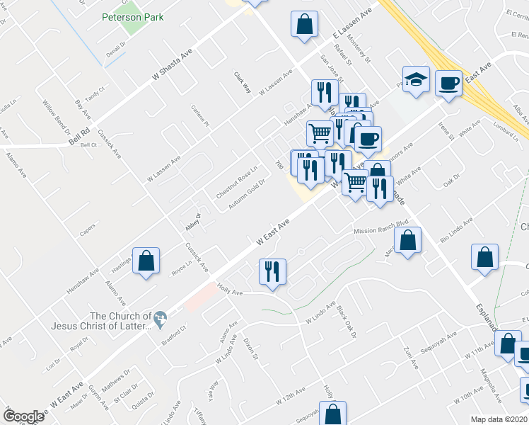map of restaurants, bars, coffee shops, grocery stores, and more near 340 West East Avenue in Chico