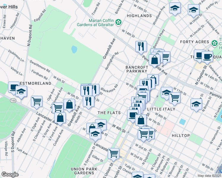 map of restaurants, bars, coffee shops, grocery stores, and more near 717 Blackshire Road in Wilmington