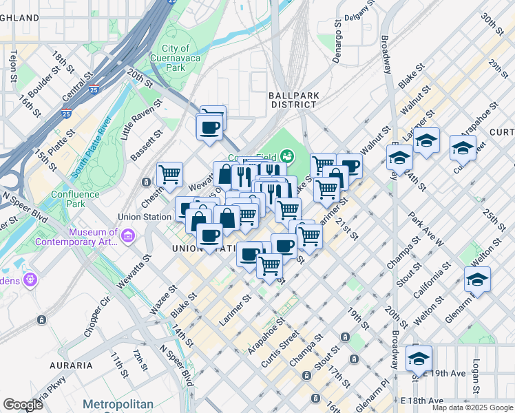 map of restaurants, bars, coffee shops, grocery stores, and more near 1900 Wazee Street in Denver
