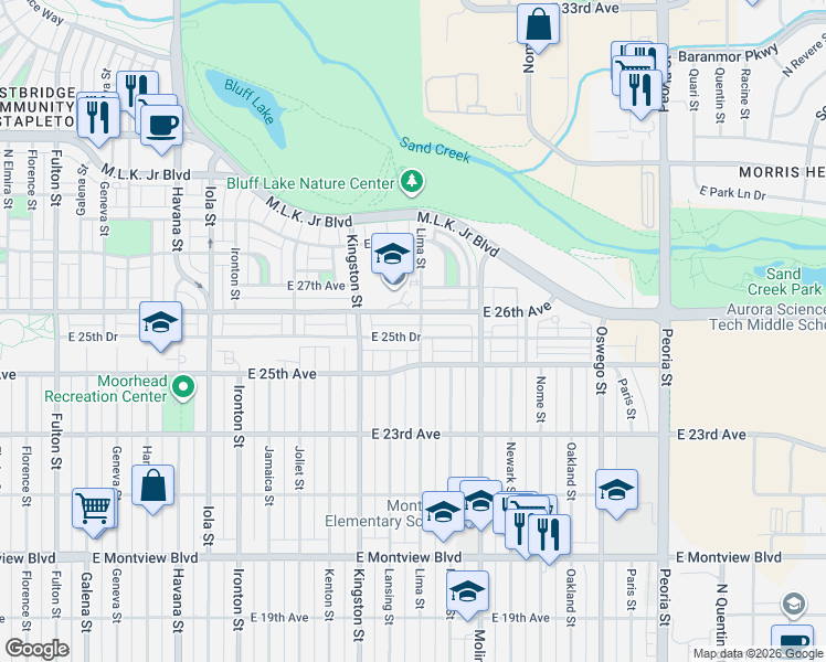 map of restaurants, bars, coffee shops, grocery stores, and more near 11330 East 26th Avenue in Aurora