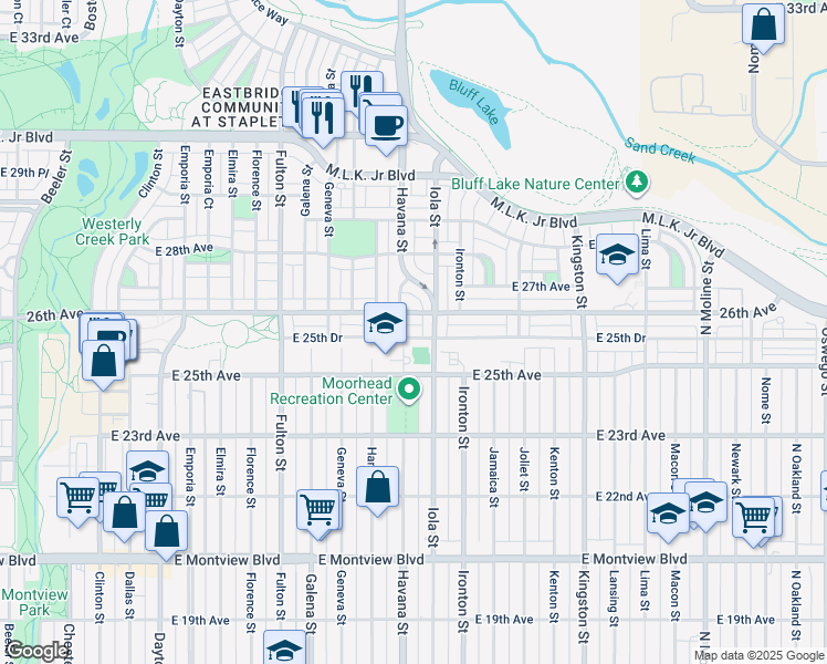 map of restaurants, bars, coffee shops, grocery stores, and more near 10590 East 26th Avenue in Aurora
