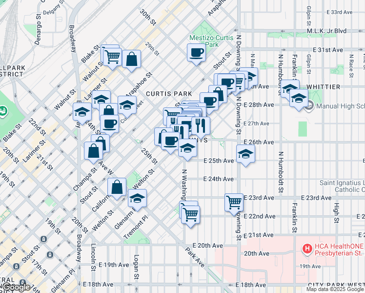 map of restaurants, bars, coffee shops, grocery stores, and more near 2627 Welton Street in Denver