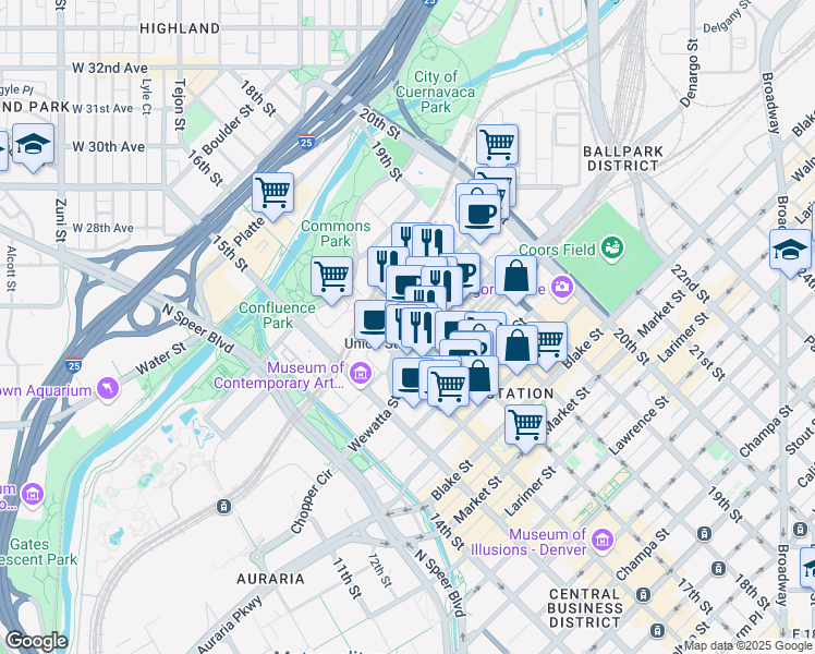 map of restaurants, bars, coffee shops, grocery stores, and more near 1920 17th Street in Denver