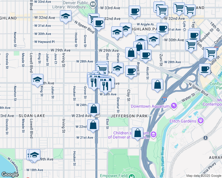 map of restaurants, bars, coffee shops, grocery stores, and more near 2812 West 26th Avenue in Denver