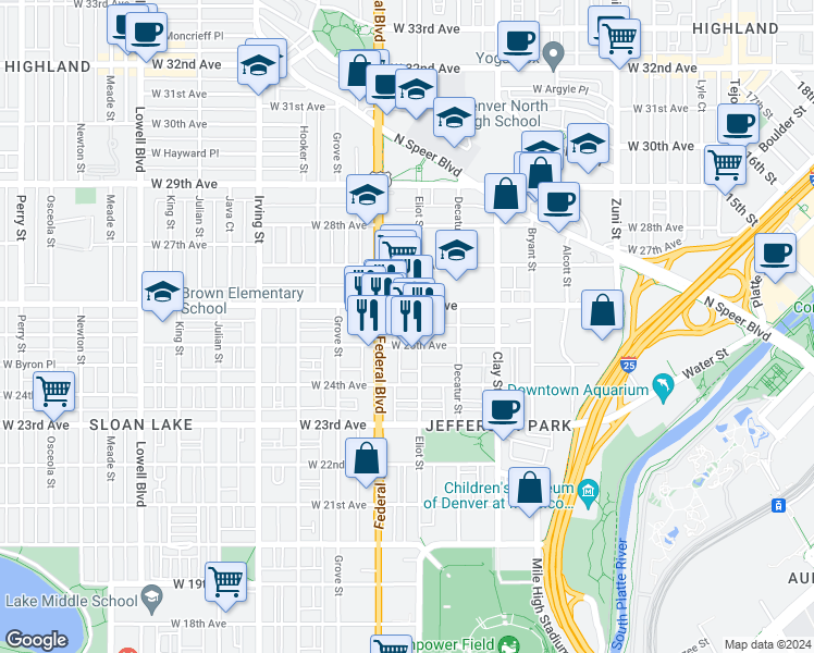 map of restaurants, bars, coffee shops, grocery stores, and more near 2920 West 26th Avenue in Denver
