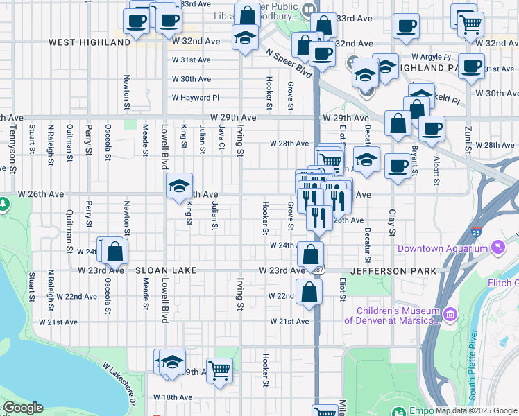 map of restaurants, bars, coffee shops, grocery stores, and more near 2541 Hooker Street in Denver