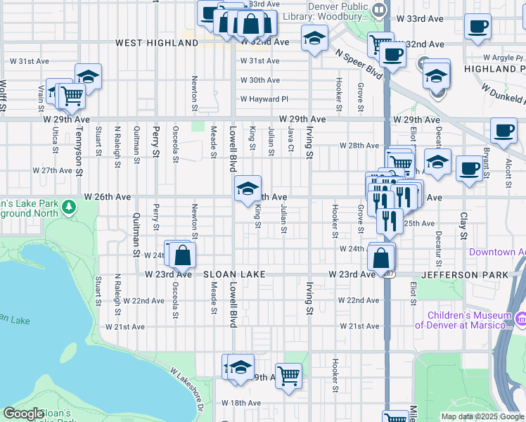 map of restaurants, bars, coffee shops, grocery stores, and more near 3464 West 26th Avenue in Denver
