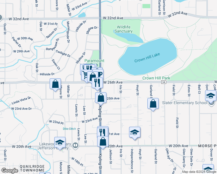 map of restaurants, bars, coffee shops, grocery stores, and more near 9814 West 26th Avenue in Lakewood