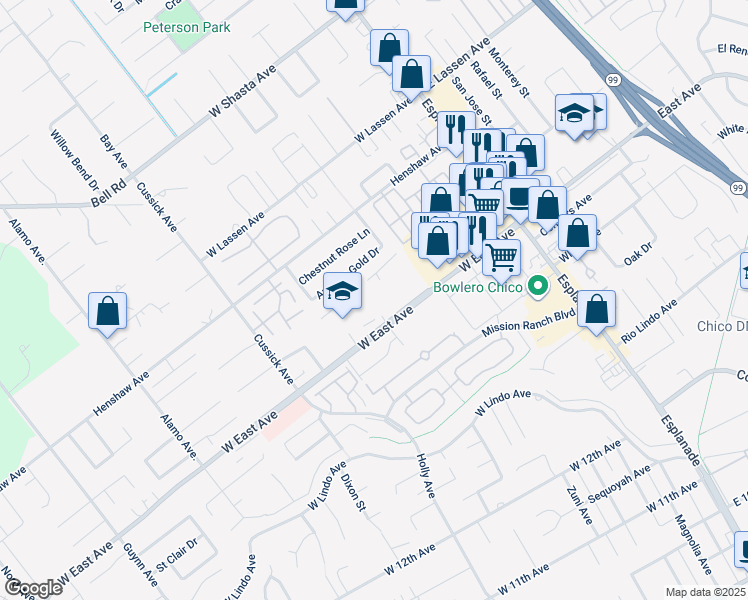 map of restaurants, bars, coffee shops, grocery stores, and more near 340 West East Avenue in Chico