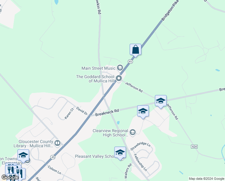 map of restaurants, bars, coffee shops, grocery stores, and more near 224 North Main Street in Mullica Hill