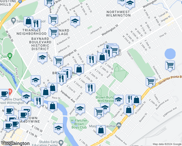 map of restaurants, bars, coffee shops, grocery stores, and more near 2602 North Market Street in Wilmington