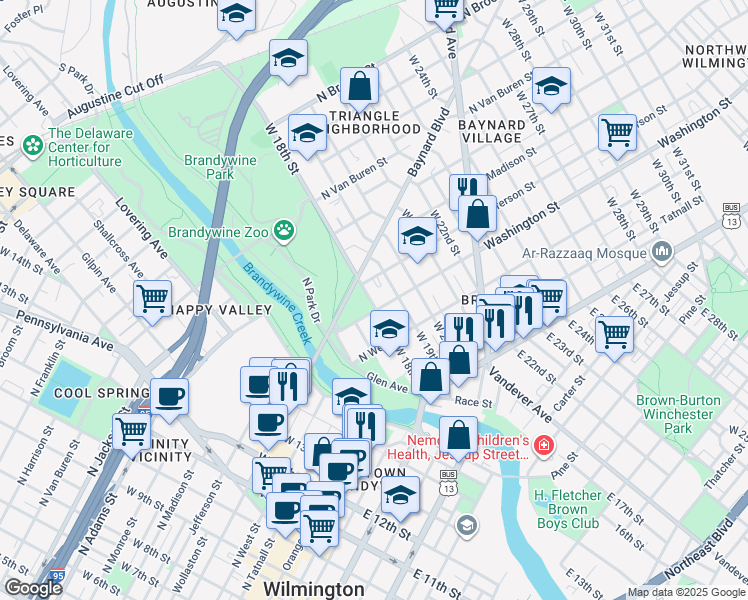 map of restaurants, bars, coffee shops, grocery stores, and more near 309 West 18th Street in Wilmington