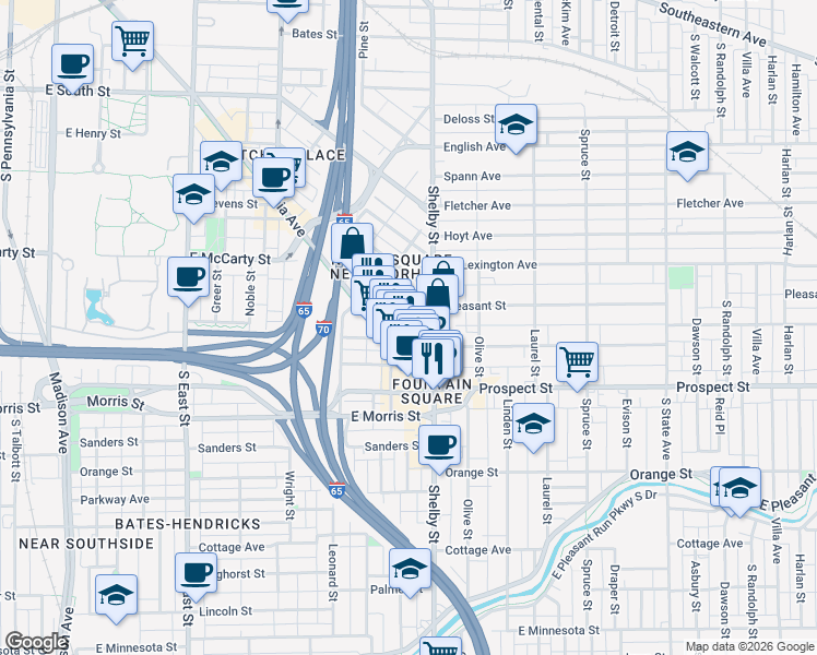 map of restaurants, bars, coffee shops, grocery stores, and more near 1056 Hosbrook Street in Indianapolis