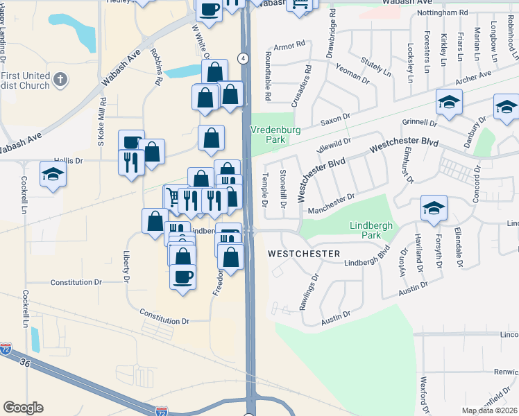 map of restaurants, bars, coffee shops, grocery stores, and more near S Veterans Pkwy in Springfield