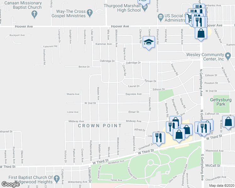 map of restaurants, bars, coffee shops, grocery stores, and more near 500 Whitmore Avenue in Dayton