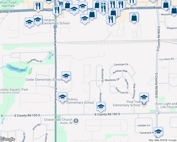 map of restaurants, bars, coffee shops, grocery stores, and more near 630 Woodfield Circle in Avon