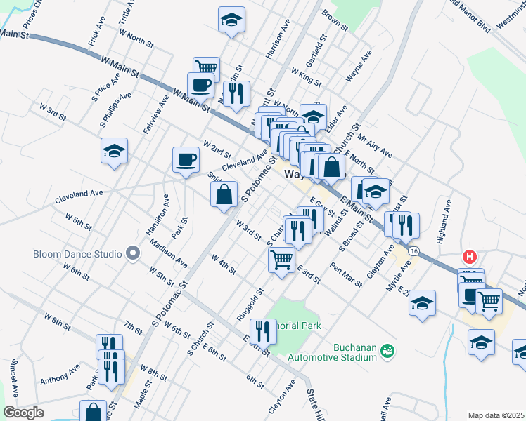 map of restaurants, bars, coffee shops, grocery stores, and more near 29 Philadelphia Avenue in Waynesboro