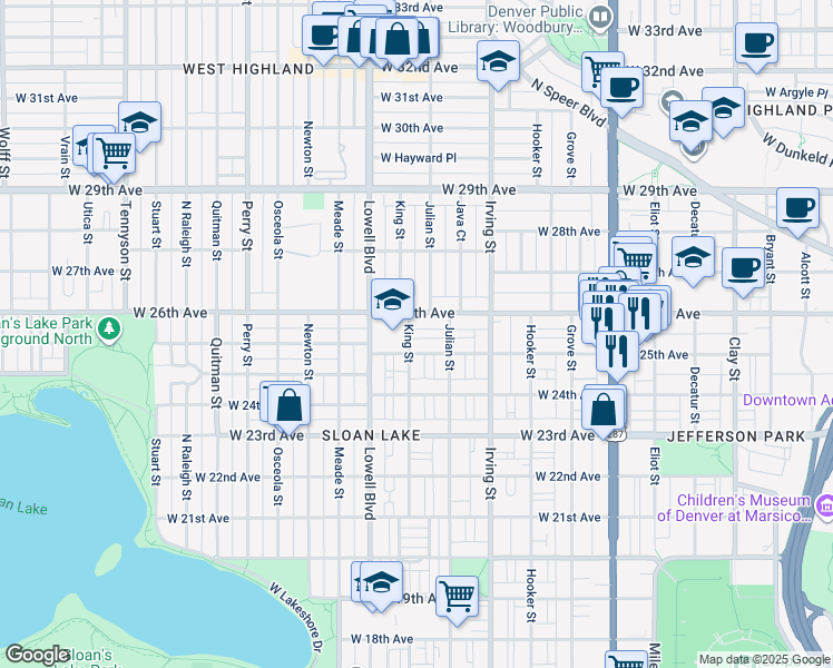 map of restaurants, bars, coffee shops, grocery stores, and more near 3464 West 26th Avenue in Denver