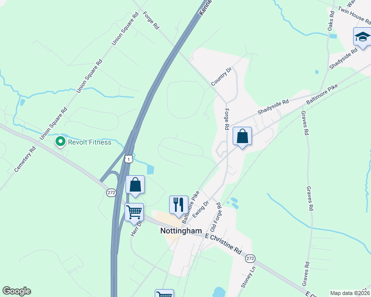 map of restaurants, bars, coffee shops, grocery stores, and more near 2647 Baltimore Pike in Oxford