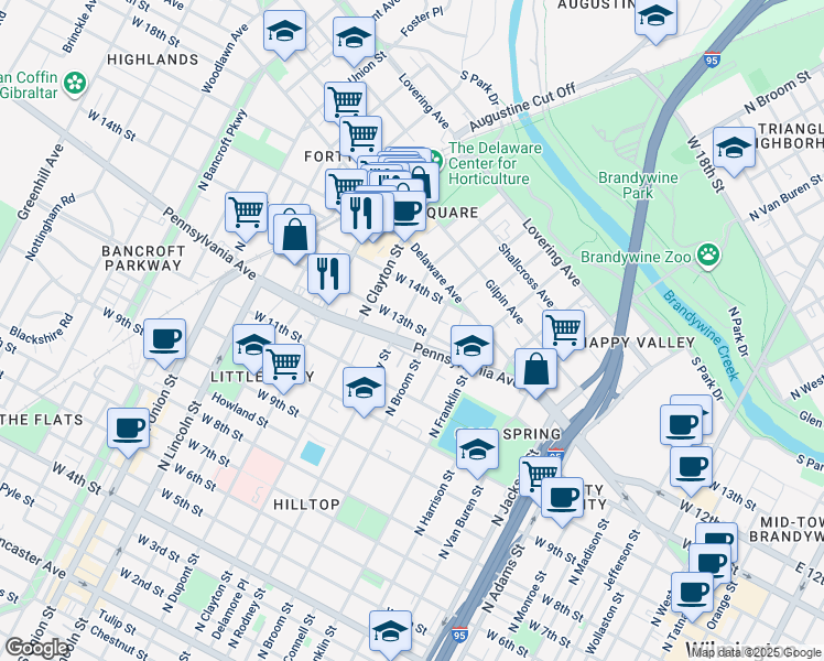 map of restaurants, bars, coffee shops, grocery stores, and more near 1401 Pennsylvania Avenue in Wilmington