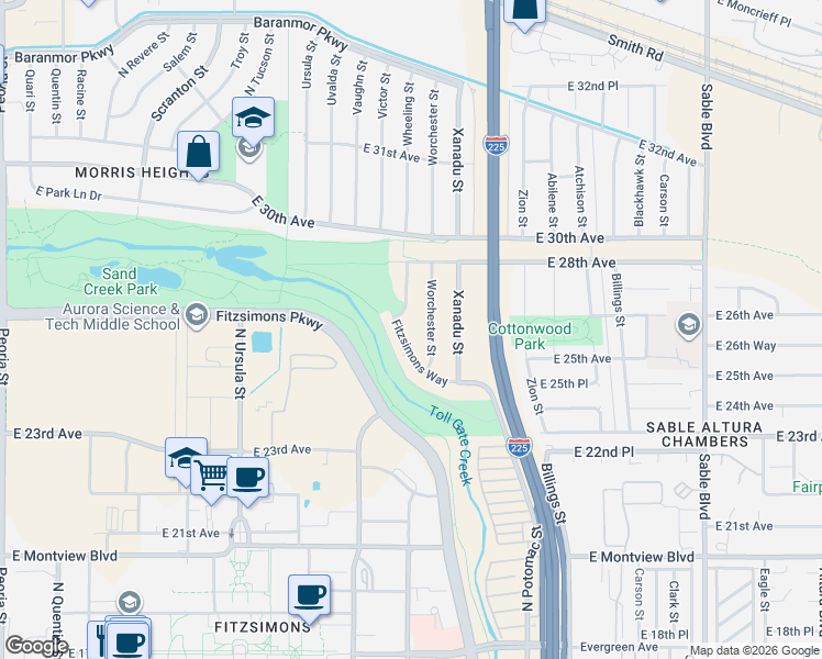 map of restaurants, bars, coffee shops, grocery stores, and more near 13436 Fitzsimons Way in Aurora