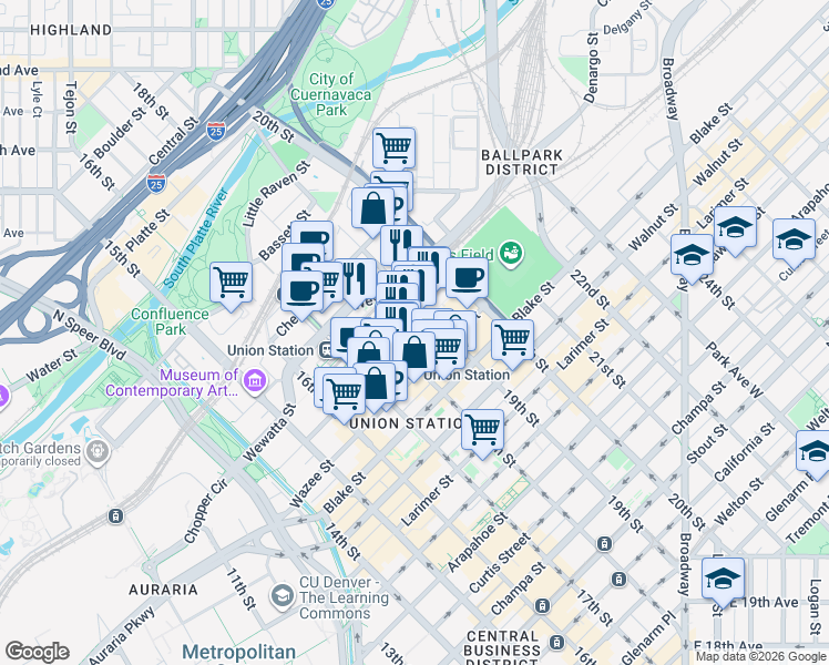 map of restaurants, bars, coffee shops, grocery stores, and more near 1899 Wynkoop Street in Denver