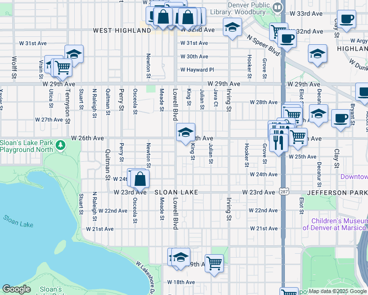 map of restaurants, bars, coffee shops, grocery stores, and more near 2550 Lowell Boulevard in Denver