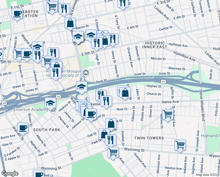 map of restaurants, bars, coffee shops, grocery stores, and more near 524 Corwin Street in Dayton