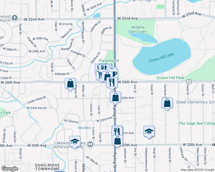 map of restaurants, bars, coffee shops, grocery stores, and more near 10110 County Road 34 in Wheat Ridge