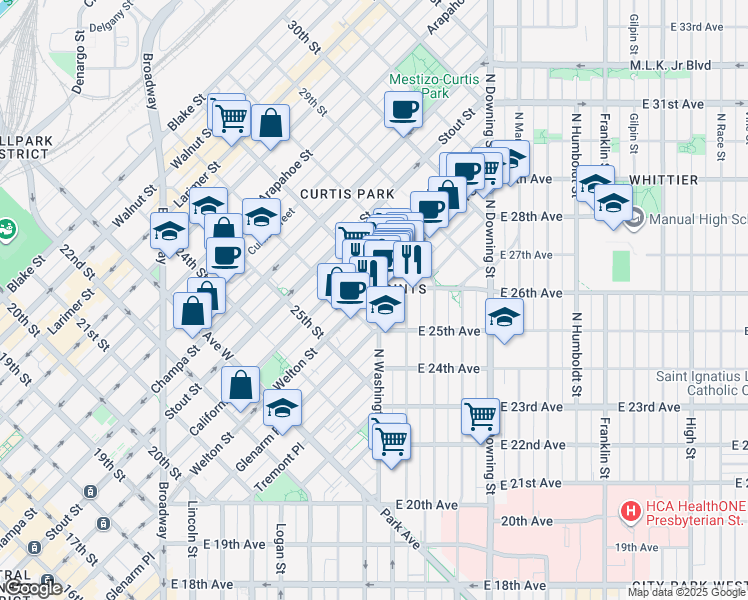 map of restaurants, bars, coffee shops, grocery stores, and more near 2650 Welton Street in Denver