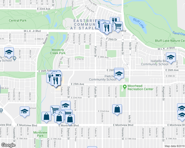 map of restaurants, bars, coffee shops, grocery stores, and more near 2526-2602 Fulton Street in Aurora