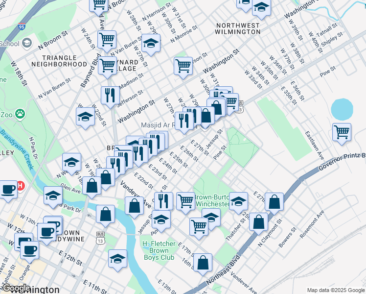 map of restaurants, bars, coffee shops, grocery stores, and more near 9 East 26th Street in Wilmington