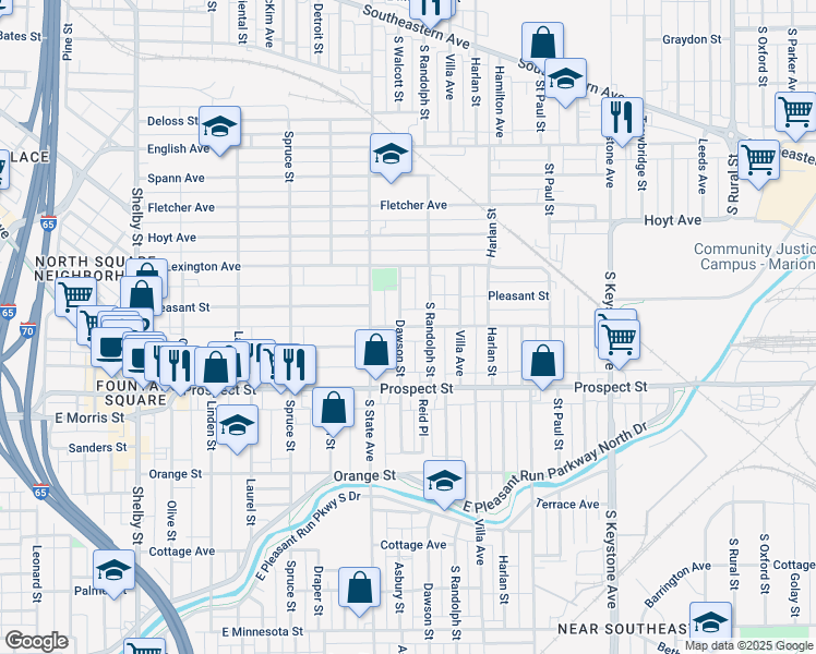 map of restaurants, bars, coffee shops, grocery stores, and more near 1832 Woodlawn Avenue in Indianapolis