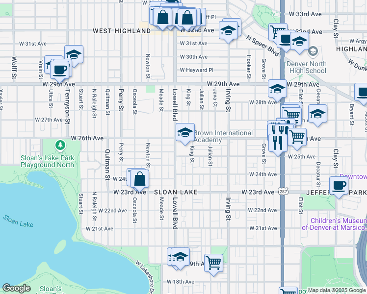 map of restaurants, bars, coffee shops, grocery stores, and more near 2550 Lowell Boulevard in Denver
